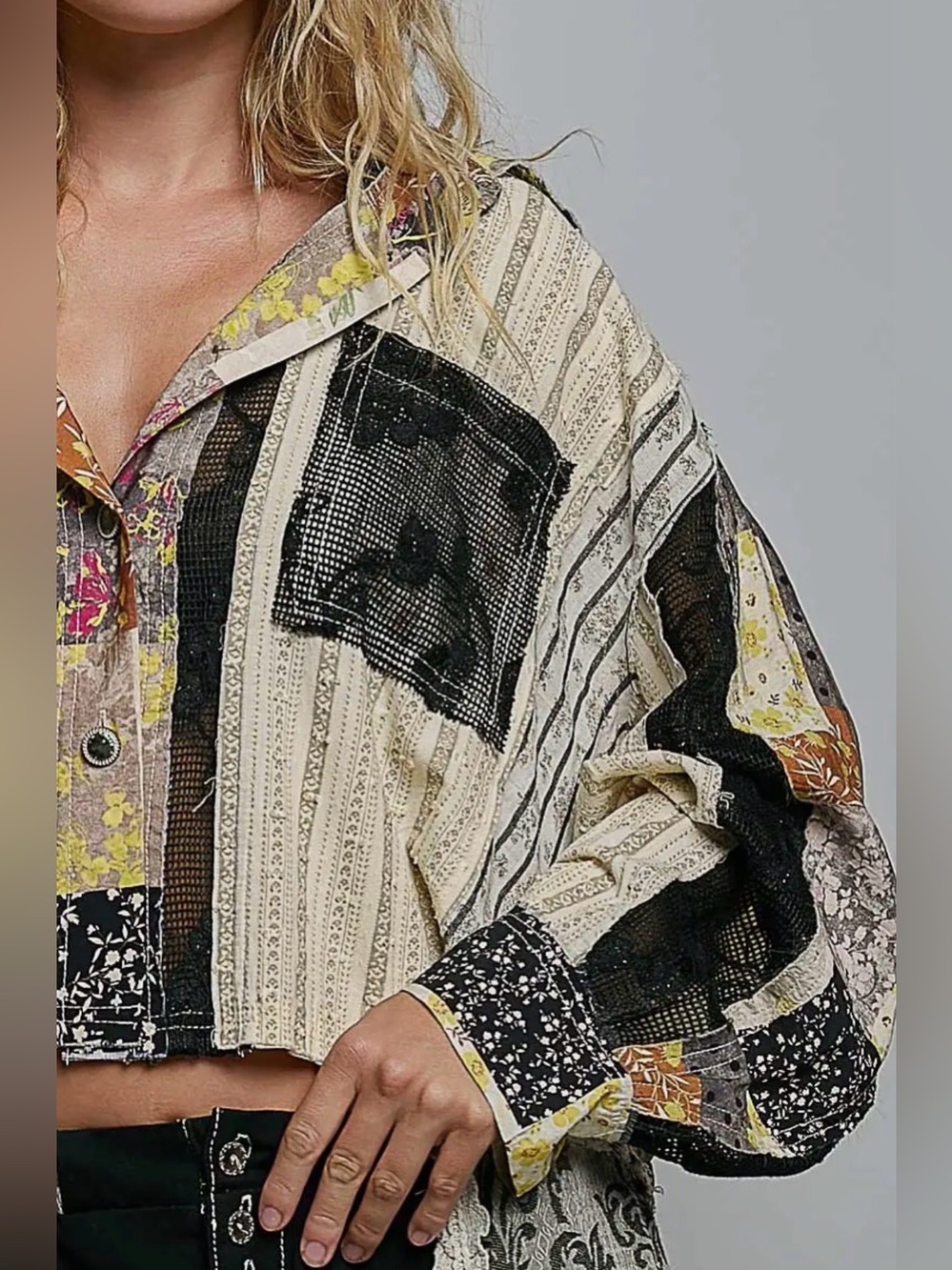 NEW Pol Patchwork Crochet Button-Front Cropped Jacket Shirt - Picture 6 of 6